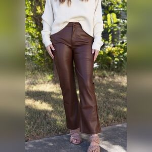 Dear John- Pants Women's 26 Mahogany 100%Lining  Vegan Leather Cropped Flares.